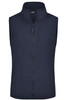 A navy microfleece vest featuring a full zip and a high collar, with a logo on the front.