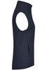 A navy blue microfleece vest with a high collar and pockets, featuring a brand logo.