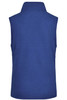 A blue microfleece vest with a high collar and no sleeves, featuring a logo on the back.
