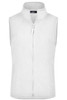A white microfleece vest with a zip front and no sleeves, featuring side pockets and a logo.