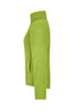 A side view of a bright green microfleece jacket with a high collar and pocket. The jacket features a logo.