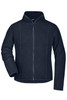 A navy blue microfleece jacket with a full zip and long sleeves, featuring a logo on the chest.