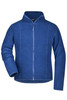 A blue microfleece jacket with a zip front and a collar, featuring a logo. Suitable for various outdoor activities.
