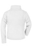 A white microfleece jacket featuring a collar and long sleeves, with a logo on the back.