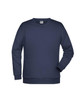 A navy blue men's jumper features long sleeves and a crew neck design. It includes a logo on the label.