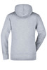 A grey hooded sweatshirt with a plain back and long sleeves, featuring a logo on the lower area.