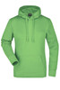 A green hooded sweatshirt featuring a front pocket and a drawstring hood. It includes a brand logo.