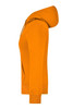 An orange hooded sweatshirt featuring a front pocket and a zip closure, seen from the side.