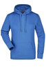 A blue hooded sweatshirt with a front pocket and drawstrings, featuring a logo on the label.