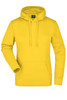A bright yellow hooded sweatshirt with a front pocket and a logo on the label.
