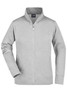 A grey zip-up ladies jacket with a collar and long sleeves. It features a logo on the chest area.