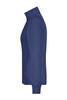 A navy ladies jacket with a high collar and side pockets, featuring a logo on the front.