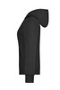 A black ladies hooded jacket with a side view, featuring a hood and ribbed cuffs. It has a simple design and includes a logo.