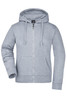 A grey ladies' hooded jacket with a zip front, long sleeves, and a pouch pocket. Includes a logo on the chest.