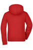 A red ladies' hooded jacket featuring a kangaroo pocket and a hood at the back. It has a logo on the sleeve.