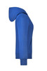 A blue ladies hooded jacket with a fitted design and a hood, featuring a front pocket and ribbed cuffs.