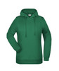 A green ladies' hoodie with a front pocket and a hood, featuring a logo on the chest.