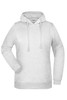 A grey ladies' hoodie features a front pocket and a drawstring hood, with a logo on the chest.