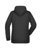 A black ladies' hoodie with a back view, featuring a hood and long sleeves. It includes a logo.