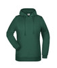 A green ladies hoodie featuring a front pocket and a hood, with an attached branding logo.