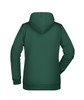 A green ladies hoodie featuring a back view and a small logo on the back.