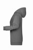 A grey ladies' hoodie featuring a kangaroo pocket and a hood, displaying a simple design with a logo.