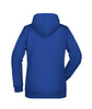 A blue ladies hoodie with a hood and long sleeves, featuring a logo on the back.