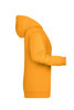 A yellow ladies' hoodie with a front pocket and a hood, featuring a logo on the front.