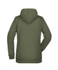 A green ladies' hoodie featuring a hood and long sleeves, with a smooth back design and a logo.