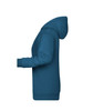 A side view of a teal Ladies Promo Hoodie featuring a hood and ribbed cuffs. The hoodie has a logo.