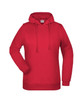 A red hoodie with long sleeves and a front pocket, featuring a drawstring hood and a logo.