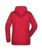 A red ladies hoodie with a hood and long sleeves, featuring a smooth back design and a fitted shape.