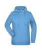 A blue ladies' hoodie with a front pouch pocket and a drawstring hood, featuring a logo.