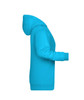 A turquoise ladies hoodie featuring a side view, with a hood and long sleeves. It has a logo on the front.