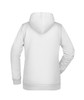 A white ladies' hoodie with a hood and long sleeves, featuring a logo on the back.