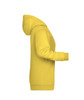 A yellow ladies' hoodie featuring a hood and long sleeves, with a side view showcasing its fit. It has a logo.