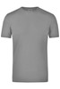A grey elastic T-shirt with a round neckline and short sleeves, featuring a logo on the tag.