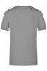 A grey elastic T-shirt with a rounded neckline and short sleeves, featuring a branding logo.