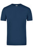 A navy blue elastic t-shirt with a round neck and short sleeves, featuring a logo on the label.