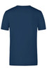 A navy blue elastic T-shirt with a round neckline and short sleeves, featuring a branding logo.