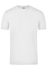 A plain white elastic T-shirt with a crew neck and short sleeves. It features a logo on the neckline.