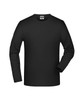 A black long-sleeve elastic T-shirt with a simple design and a tag visible inside the neckline.