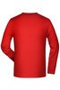 A red long-sleeve t-shirt with a plain back, designed as a promotional product. It features a logo.