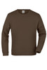 A brown sweater with a crew neck and long sleeves, featuring a logo on the inside label.