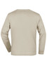 A beige sweater with a simple design, featuring a crew neckline and long sleeves. It has a branding logo on the back.