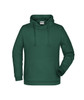 A men's hoodie in dark green featuring a front pocket and a drawstring hood. It has a logo on the chest.