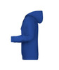 A blue men's hoodie with a kangaroo pocket and a hood, featuring a logo on the front.