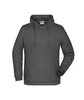 A grey men's hoodie featuring a front pocket and drawstrings. It has a logo on the side.