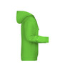 A bright green men's hoodie featuring a hood and long sleeves, with a side view showcasing its design and fit.