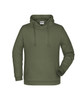 A green men's hoodie with a front pocket and a drawstring hood. It features a logo on the chest.